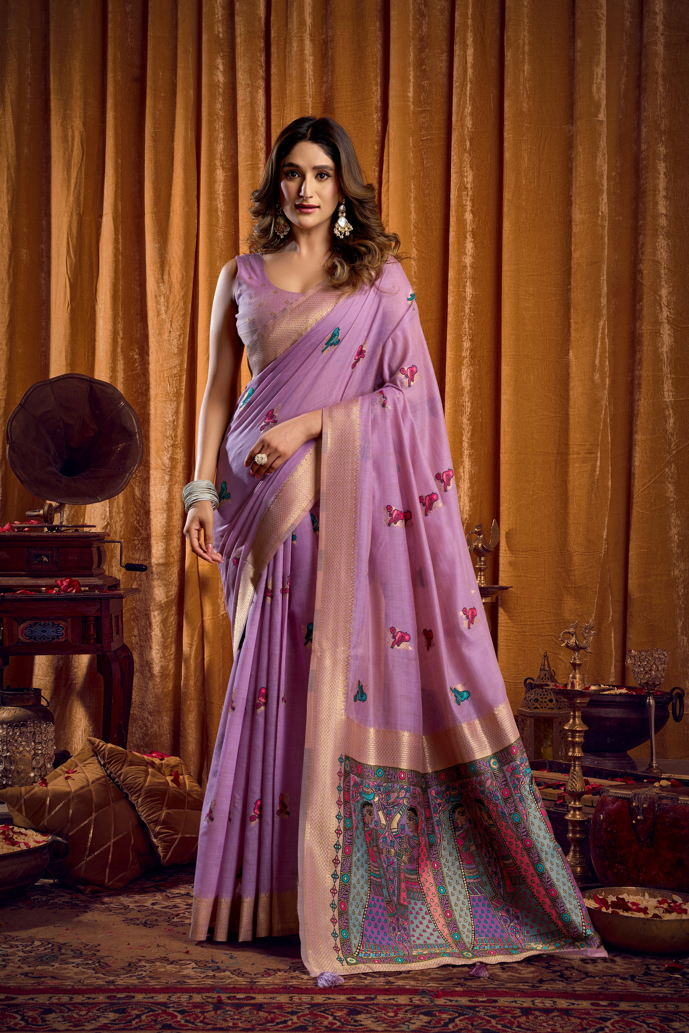 Lavender Khadi Cotton Saree with Katha Work Modal Blouse and Mina Zhallar Detail by The Beauty Queen Surat