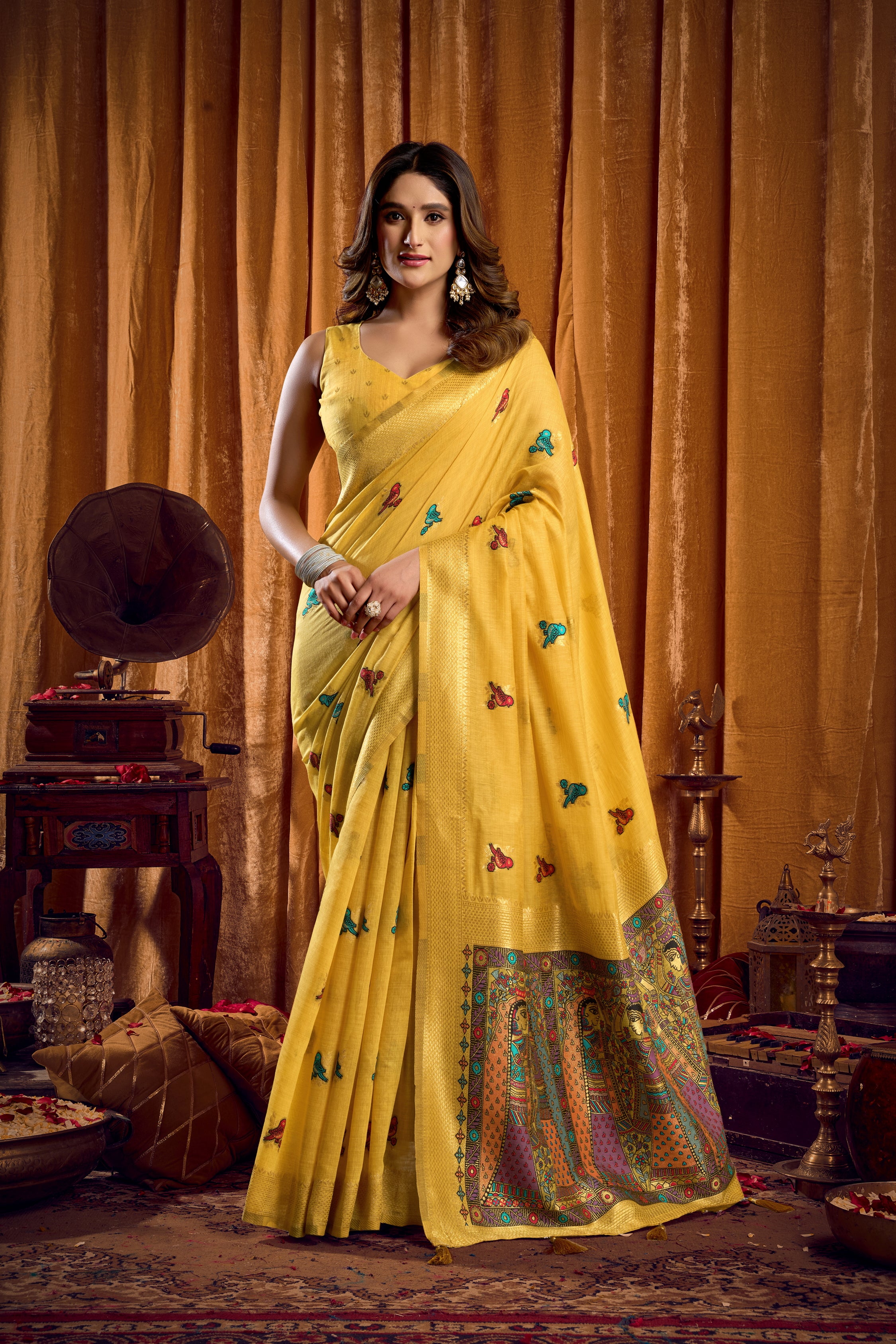 Yellow Khadi Cotton Saree with Katha Work Modal Blouse and Mina Zhallar Detail by The Beauty Queen Surat