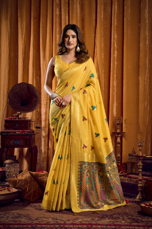 Yellow Khadi Cotton Saree with Katha Work Modal Blouse and Mina Zhallar Detail by The Beauty Queen Surat