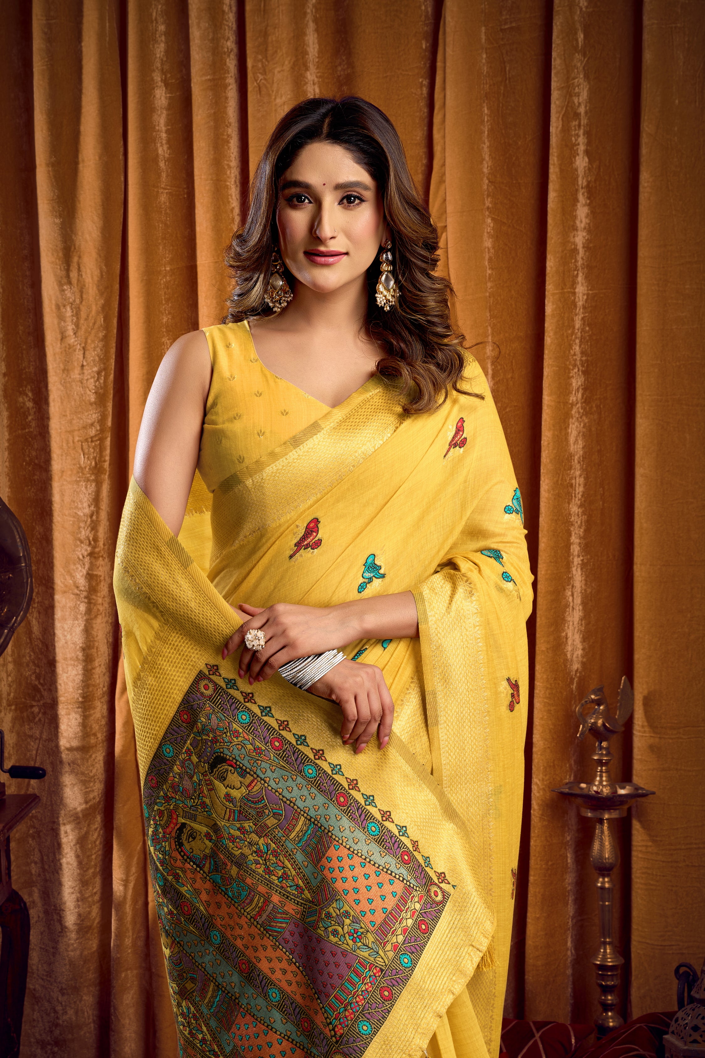 Yellow Khadi Cotton Saree With Elegant Jhallar Border Paired With A Katha Work Modal With Mina & Zhallar