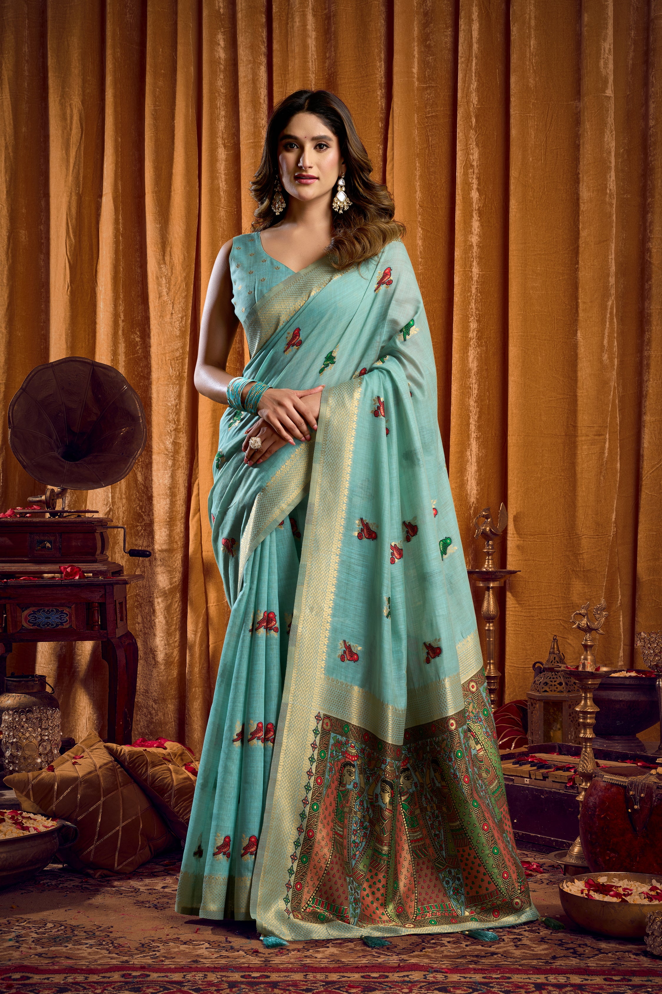 Sky Blue Khadi Cotton Saree with Katha Work Modal Blouse and Mina Zhallar Detail by The Beauty Queen Surat