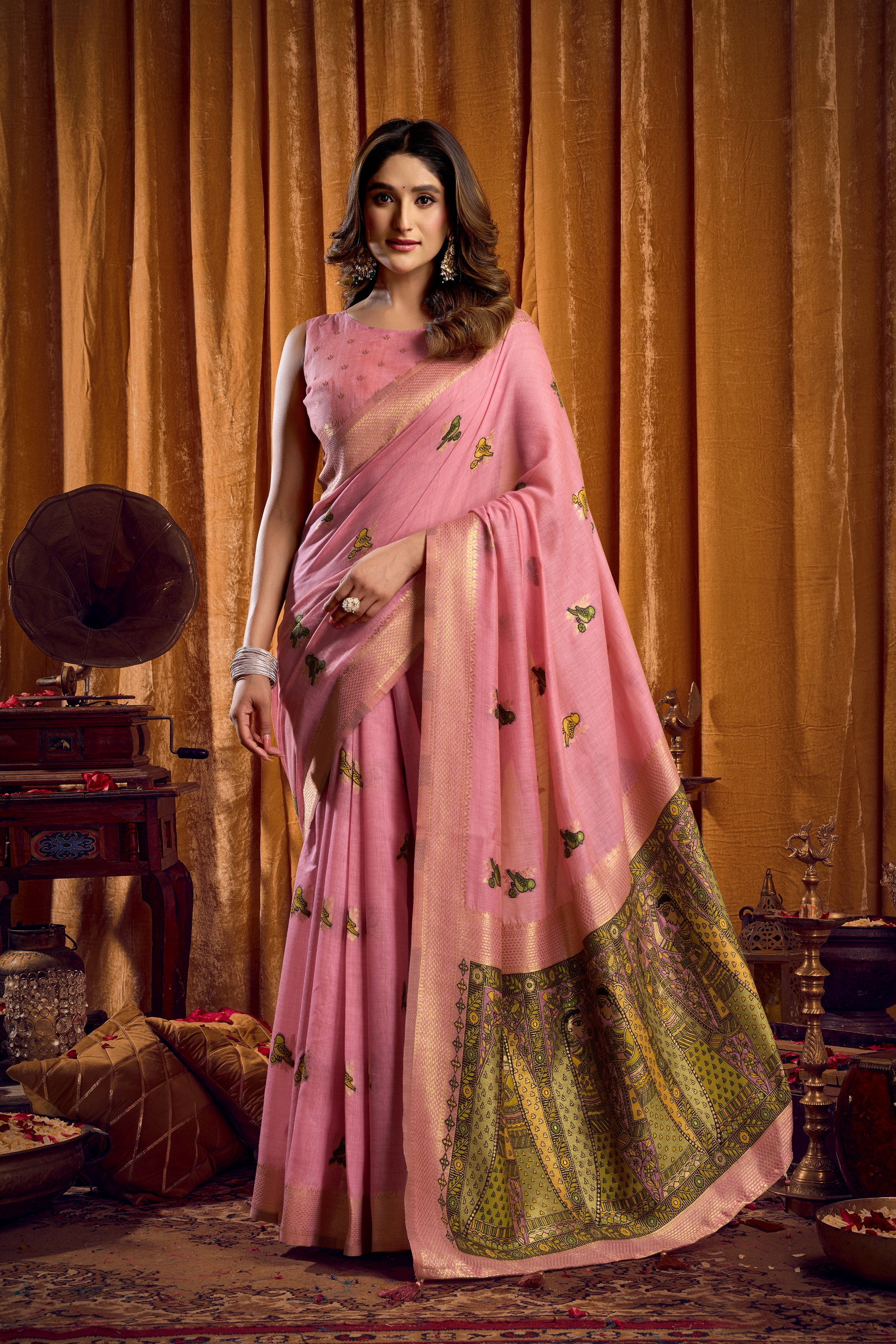 Pink Khadi Cotton Saree with Katha Work Modal Blouse and Mina Jhallar Detail by The Beauty Queen Surat