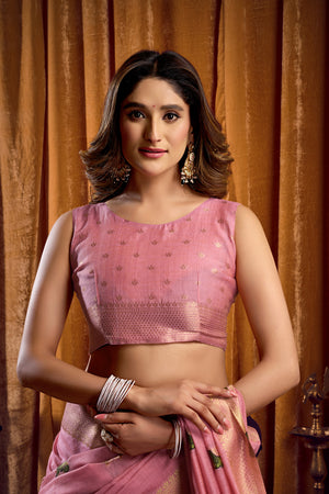 Pink Khadi Cotton Saree with Katha Work Modal Blouse and Mina Jhallar Detail by The Beauty Queen Surat
