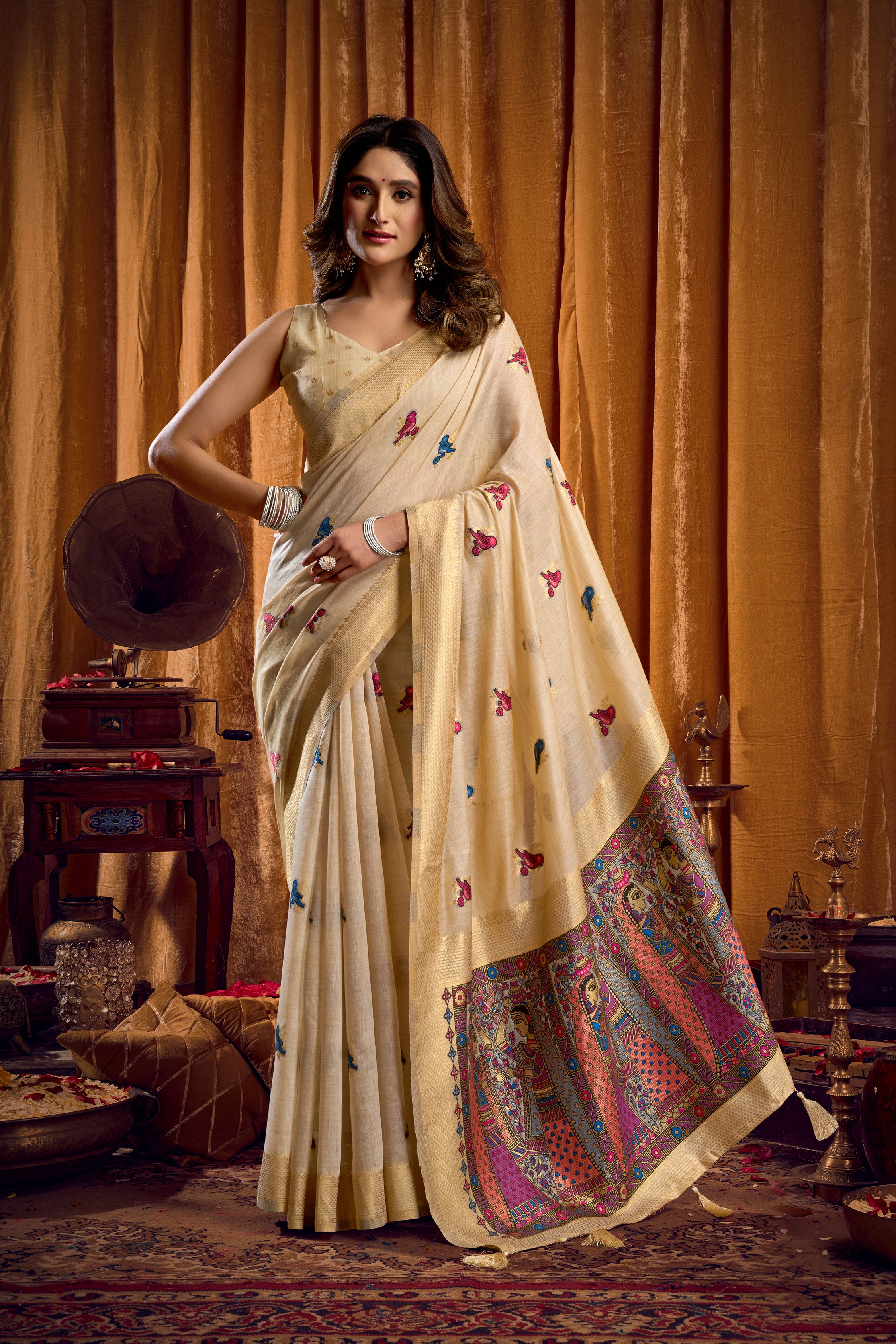 Cream Khadi Cotton Saree with Katha Work Modal Blouse and Mina Jhallar Detail by The Beauty Queen Surat
