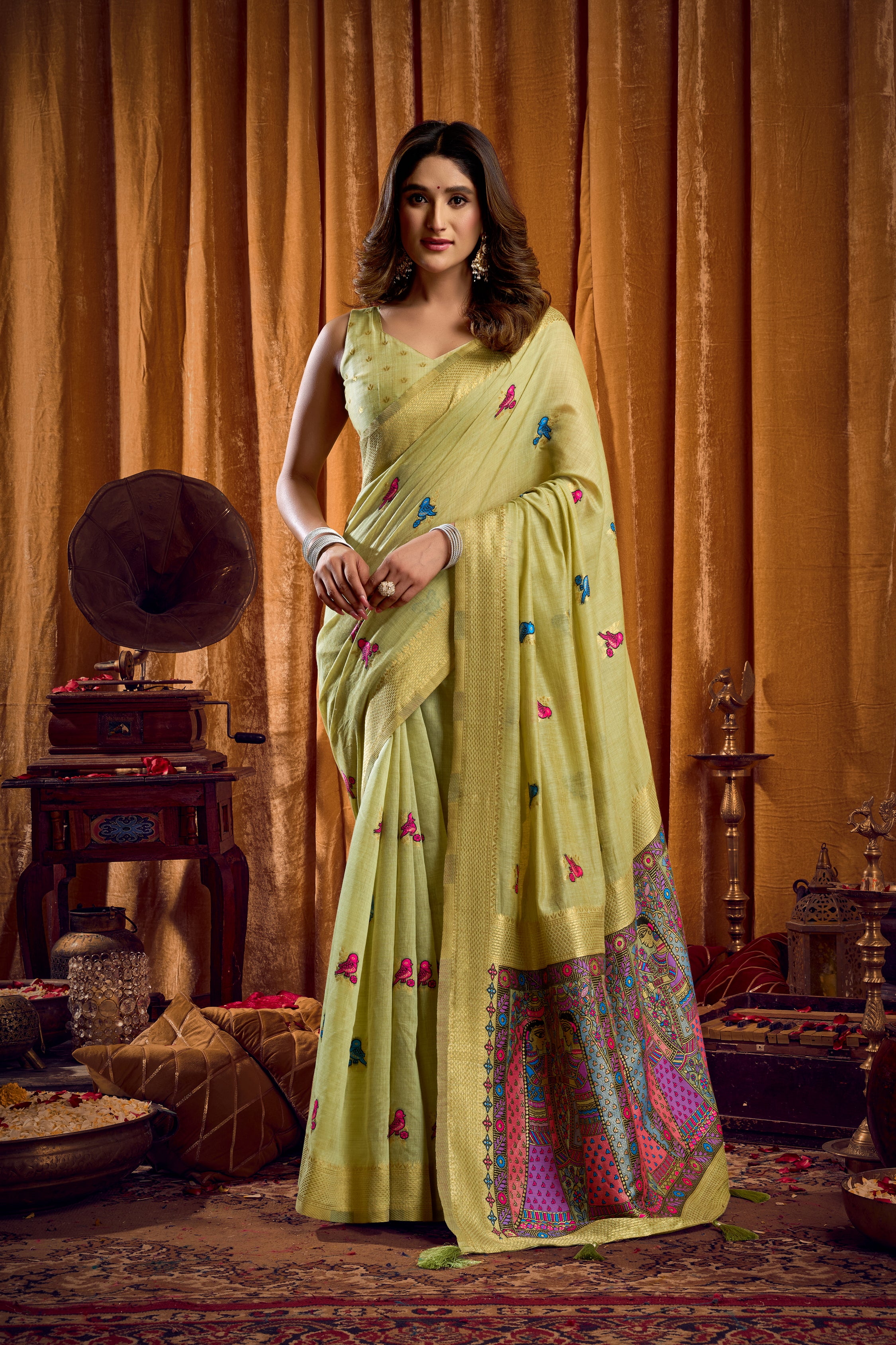 Pista Green Khadi Cotton Saree with Katha Work Modal Blouse and Mina Jhallar Detail by The Beauty Queen Surat