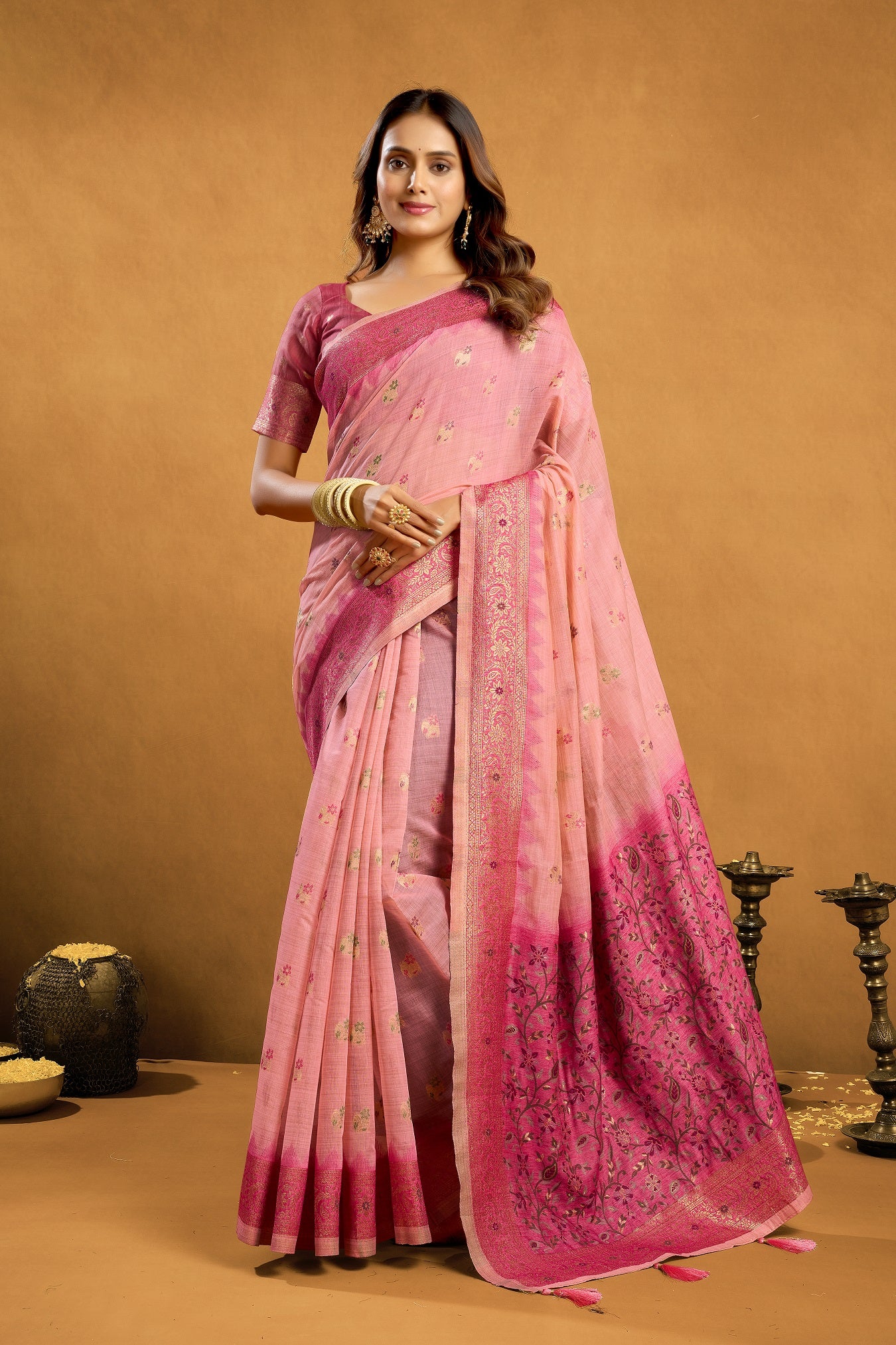 Pink Premium Spun Cotton With Beautifull Zari With Jhallar & Rich Pallu Saree With Blouse Piece