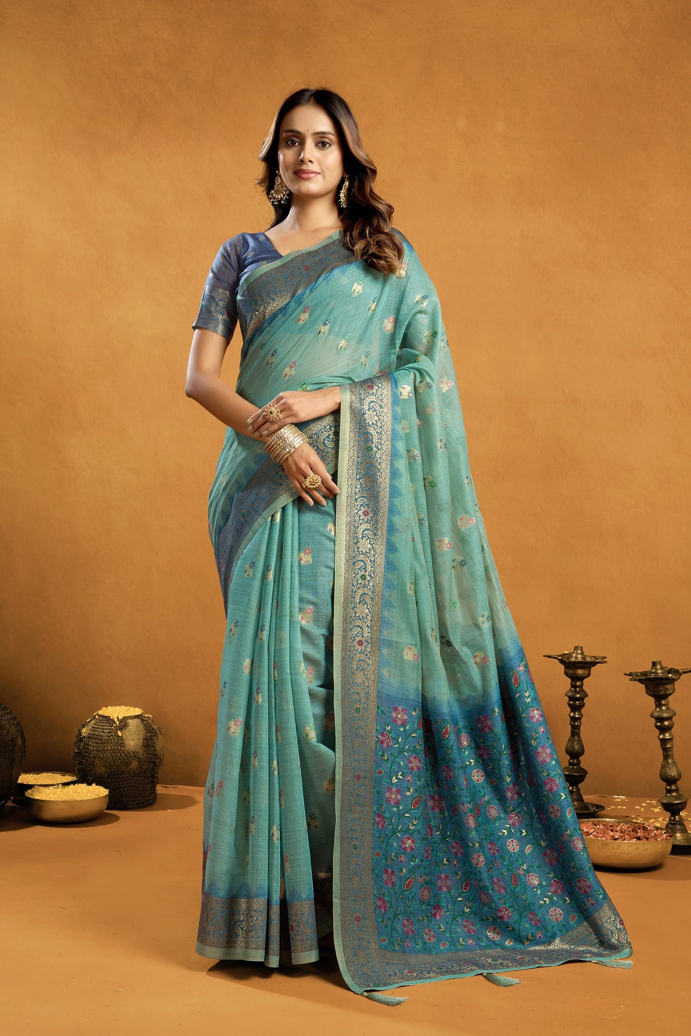 Teal Blue Premium Spun Cotton With Beautifull Zari With Jhallar & Rich Pallu Saree With Blouse Piece