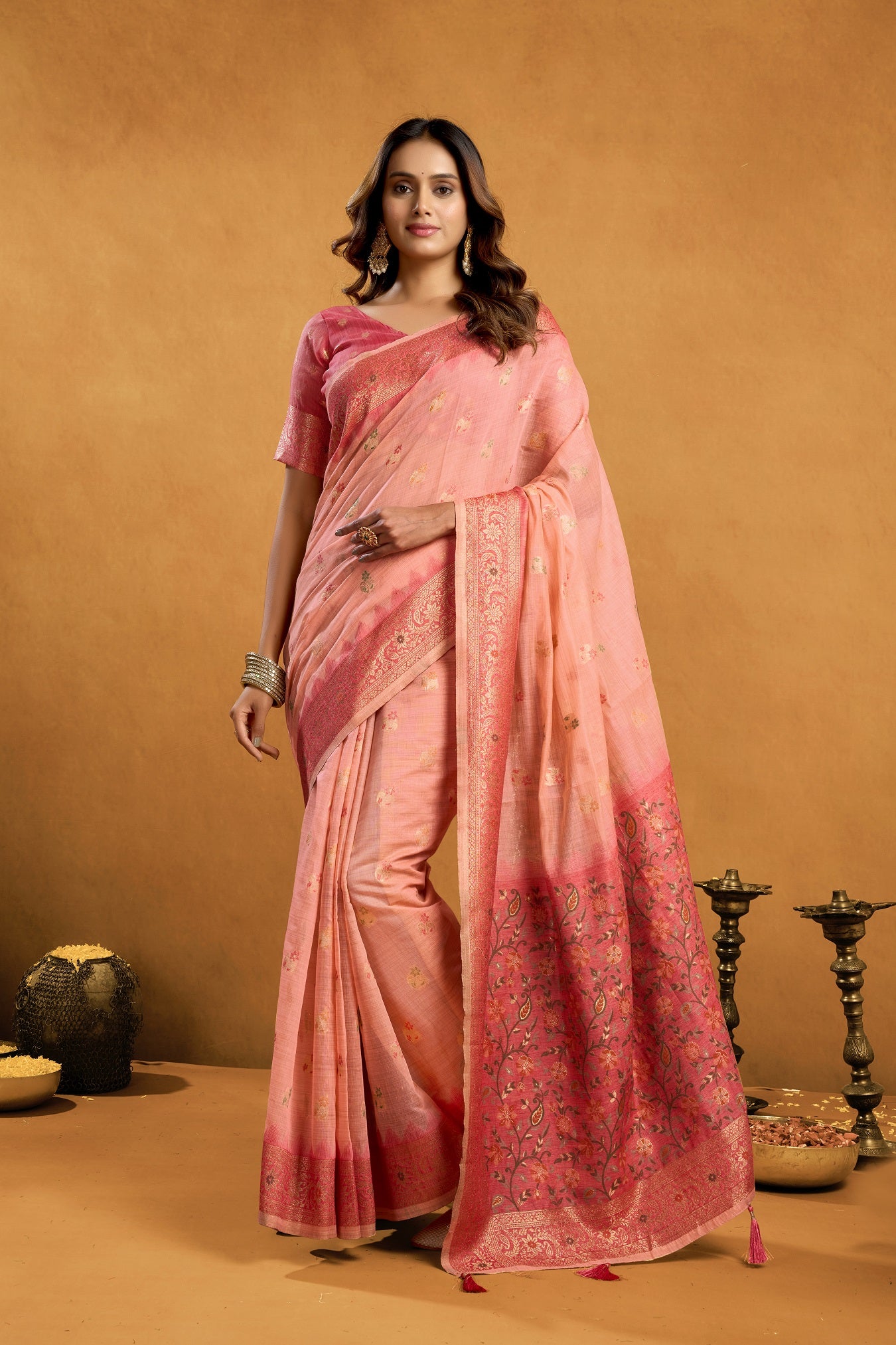 Light Pink Premium Spun Cotton With Beautifull Zari With Jhallar & Rich Pallu Saree With Blouse Piece