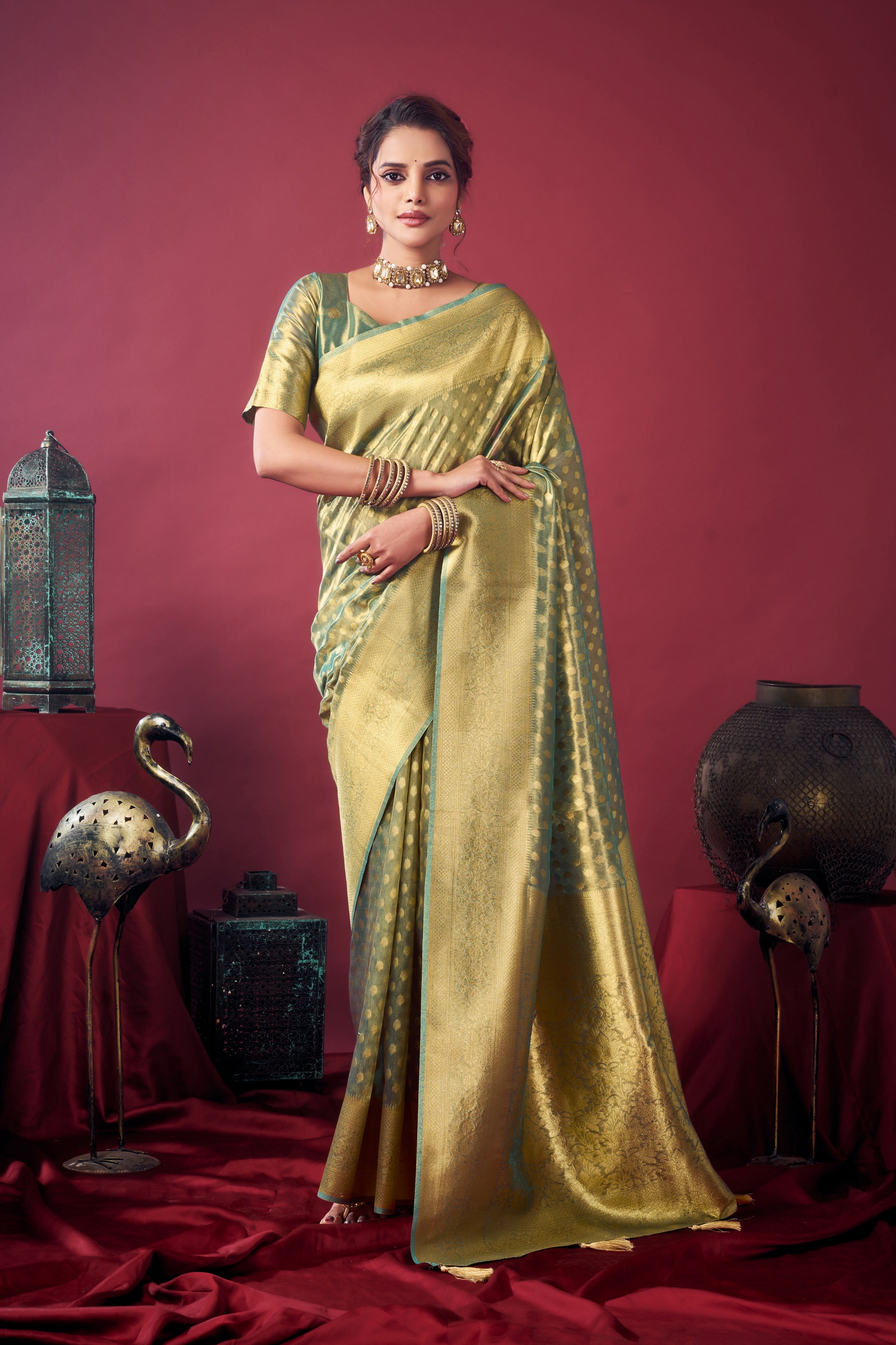 Green Woven Design Zari Tissue Banarasi Saree – Designer Wedding Festive Party Wear Saree