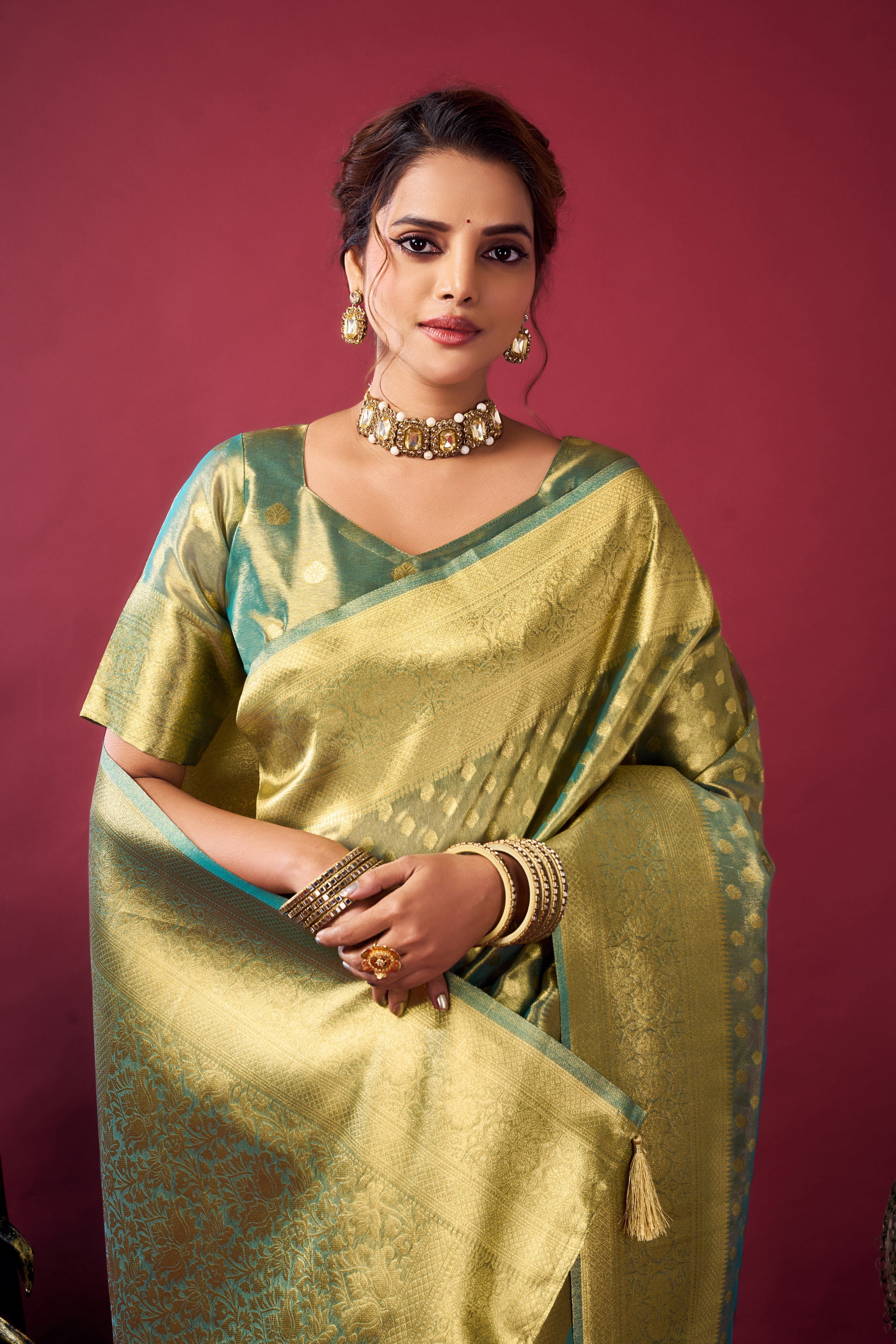 Green Woven Design Zari Tissue Banarasi Saree – Designer Wedding Festive Party Wear Saree