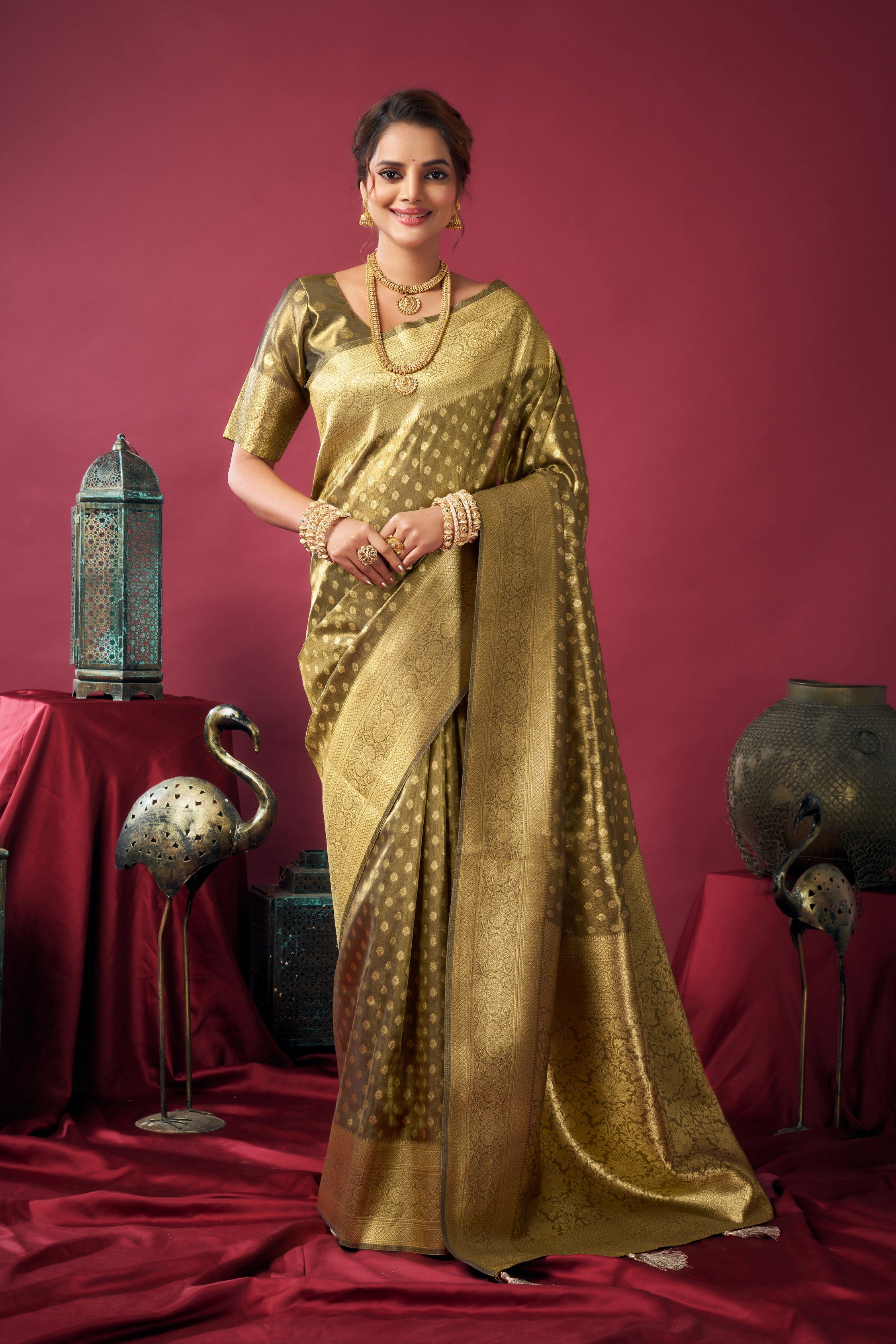Olive Green Woven Design Zari Tissue Banarasi Saree – Designer Wedding Festive Party Wear Saree