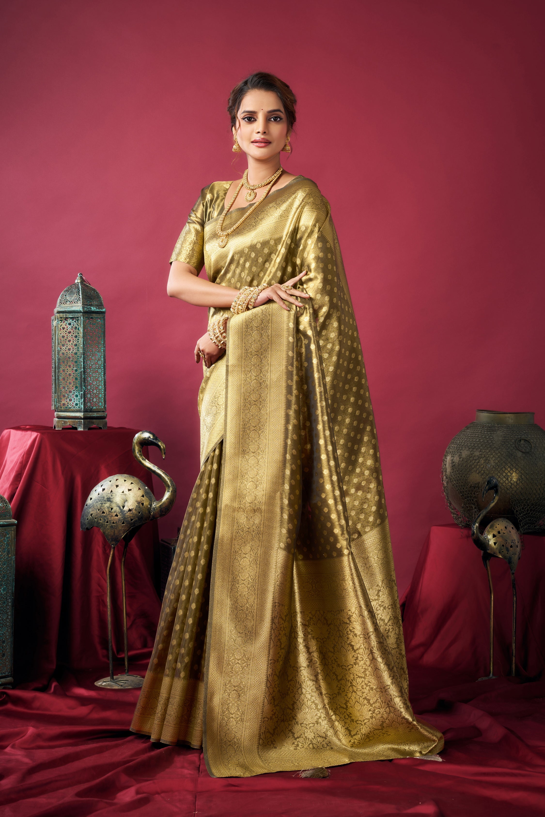 Olive Green Woven Design Zari Tissue Banarasi Saree – Designer Wedding Festive Party Wear Saree