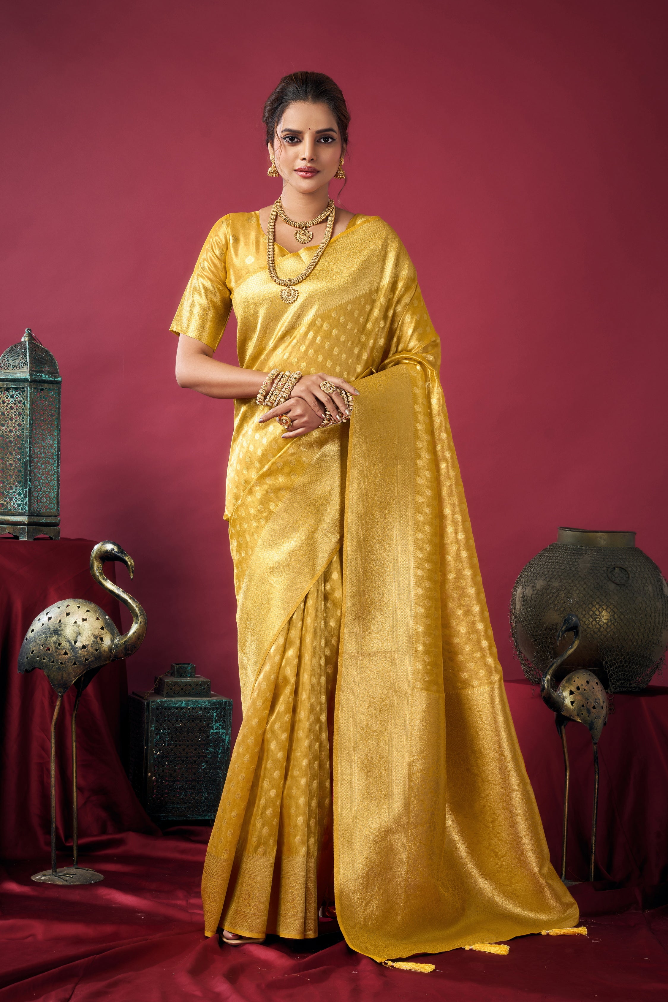 Golden Woven Design Zari Tissue Banarasi Saree – Designer Wedding Festive Party Wear Saree