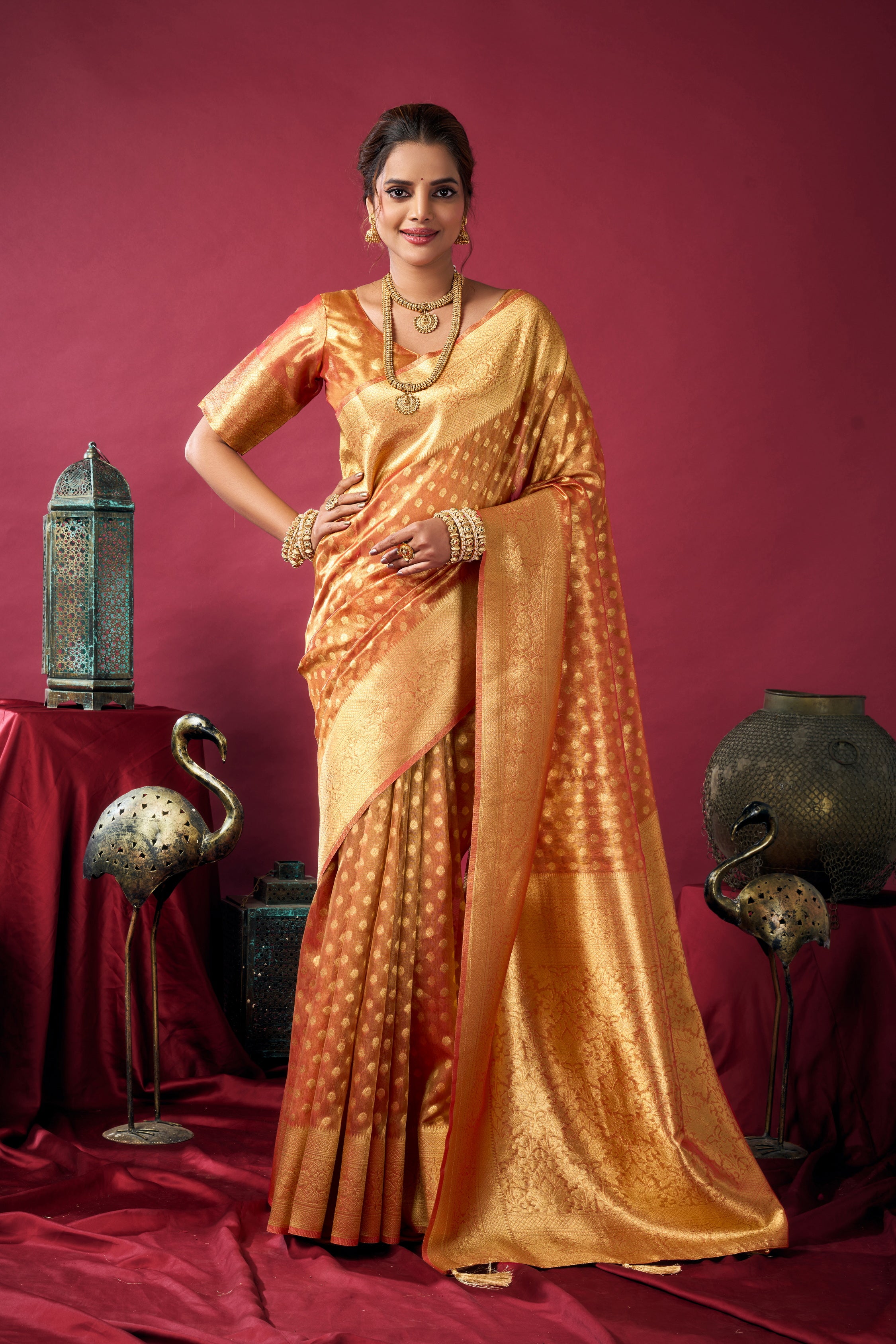 Orange Golden Woven Design Zari Tissue Banarasi Saree – Designer Wedding Festive Party Wear Saree