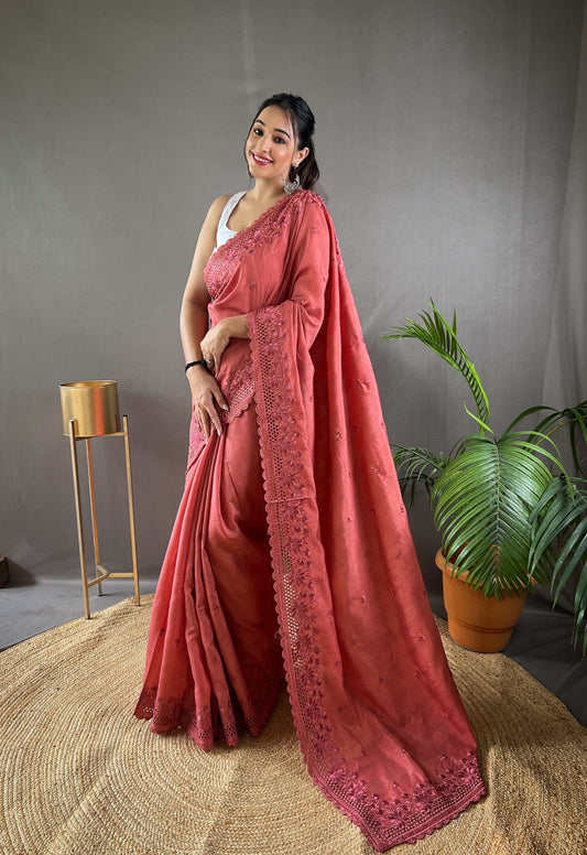 Dark Pink Pure Matka Silk Soft Saree with Motifs and Cutwork Border