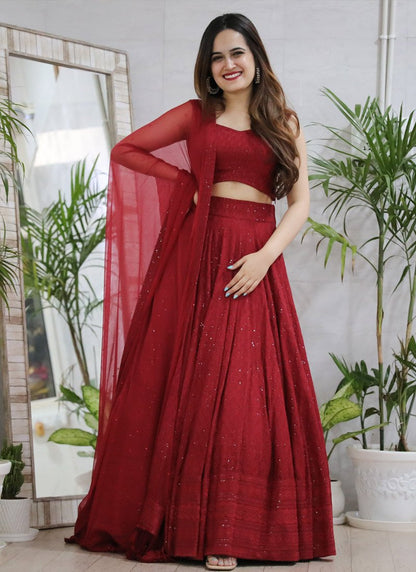 Maroon Anarkali Lucknowi Chikankari Work Lehenga