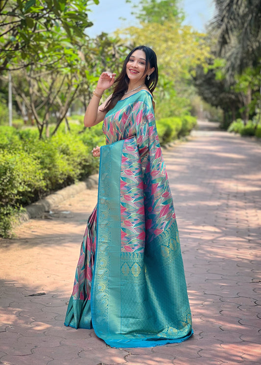Firozi Kanjivaram Silk Saree With Intricate Blouse Piece