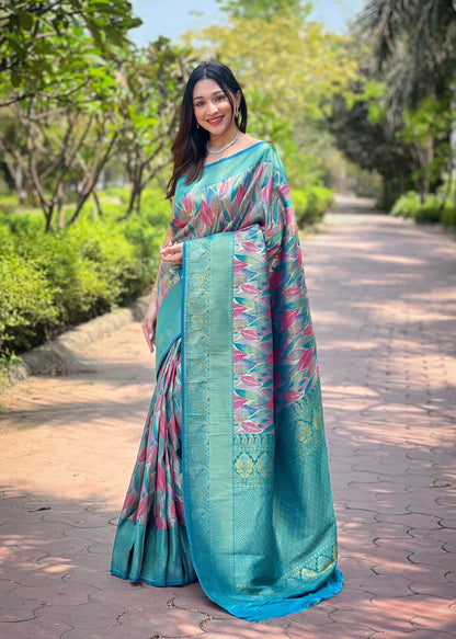 Firozi Kanjivaram Silk Saree With Intricate Blouse Piece