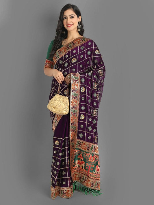 Purpal And Green Beautiful Designer Panetar Silk Saree