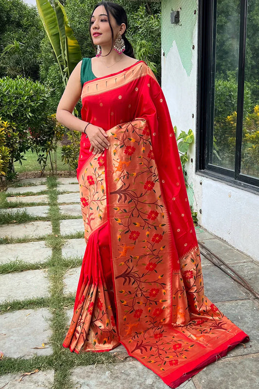 Scarlet Red Paithani Big Border Woven Saree