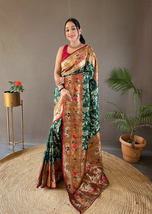 Timber Green Designer Weaving Paithani And Patola Fusion Rich Pallu Saree