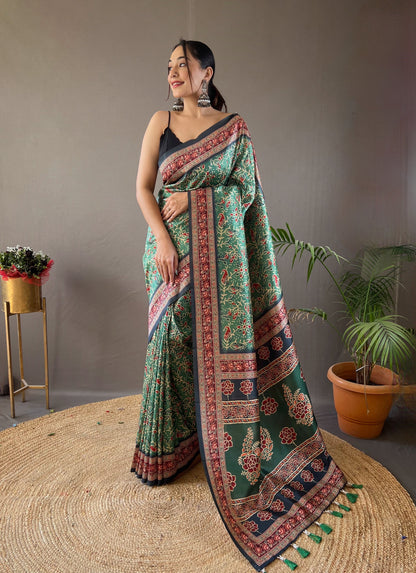 Green Digital Printed Silk Weaves Saree