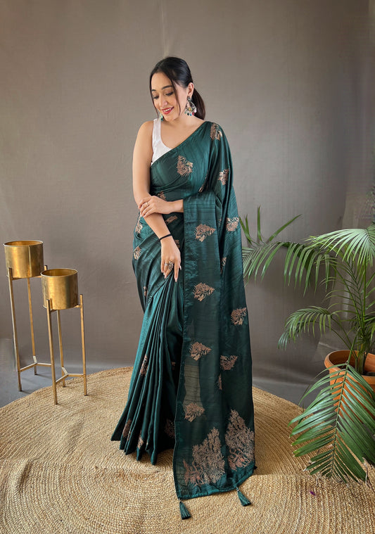 Green Color Embroidered Soft Silk Saree