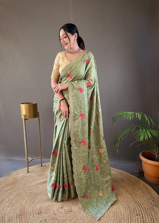 Green Color Tussar Silk Saree with Floral Embroidery Jaal Work Saree