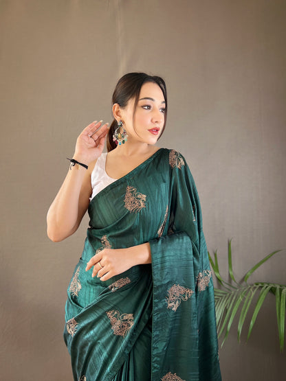 Green Color Embroidered Soft Silk Saree