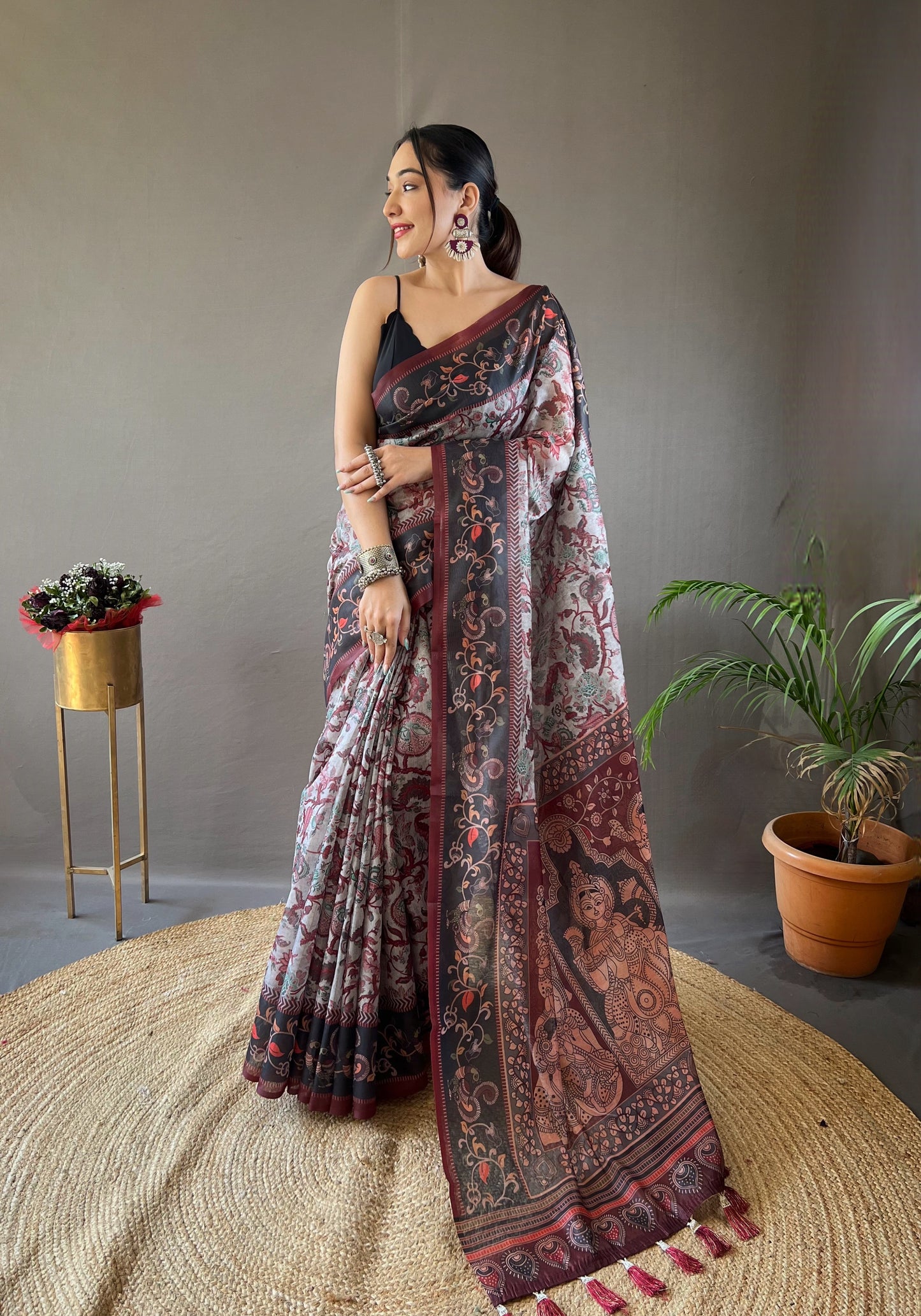 Grey Italian Digital Print Cotton Weaves Saree