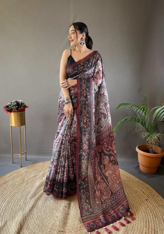 Grey Italian Digital Print Cotton Weaves Saree