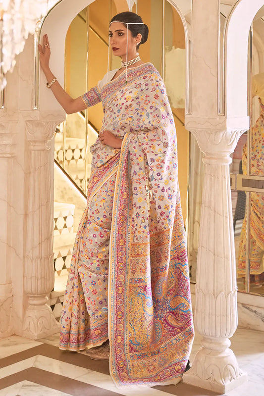 Latest Cream Colour Soft Handloom Weaving Silk Saree With Blouse