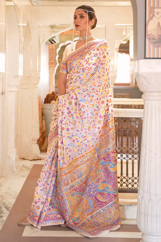 Latest White Colour Soft Handloom Weaving Silk Saree With Blouse