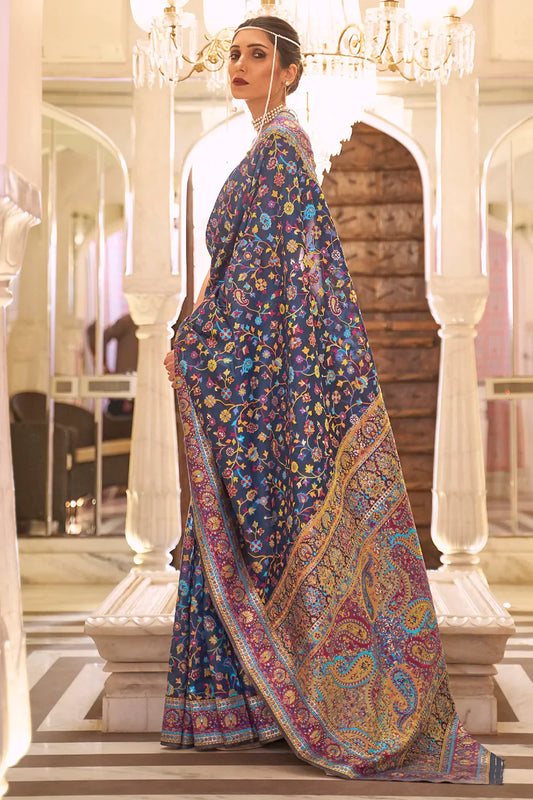 Stylish Blue Colour Soft Handloom Weaving Silk Saree With Blouse