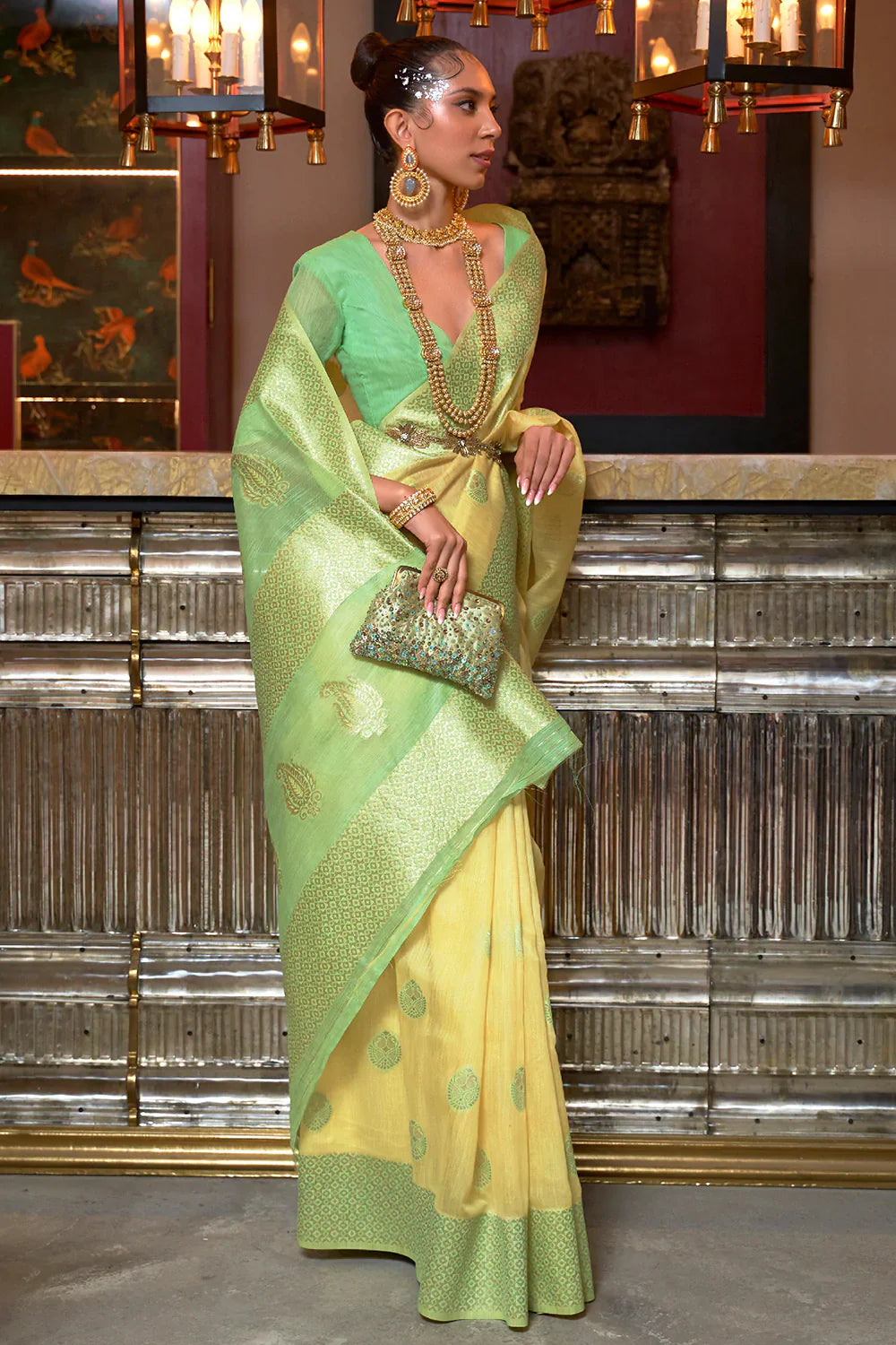 Green Fancy Linen Weaving Saree