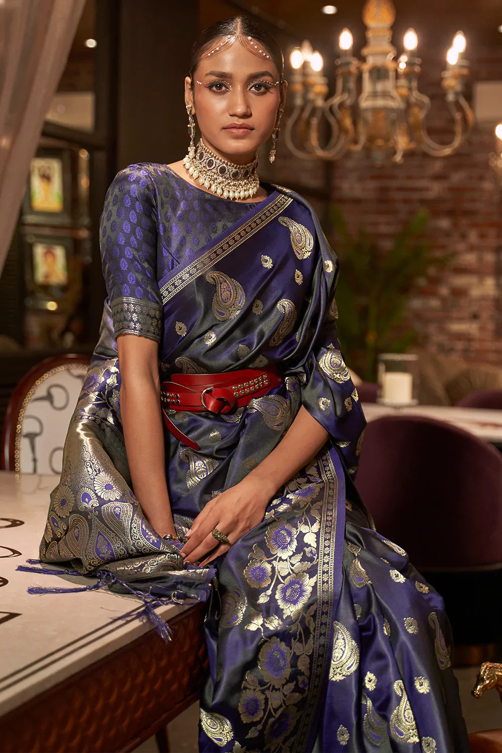 Midnight Blue Pure Satin Handloom Weaving Saree