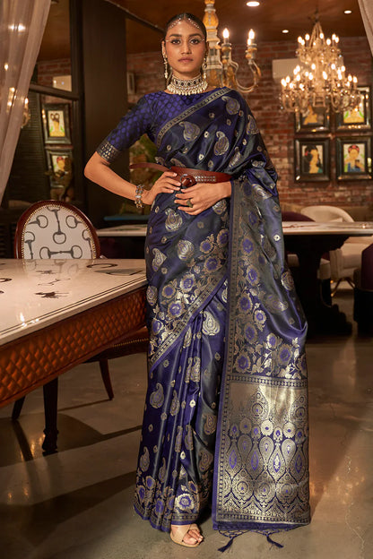 Midnight Blue Pure Satin Handloom Weaving Saree