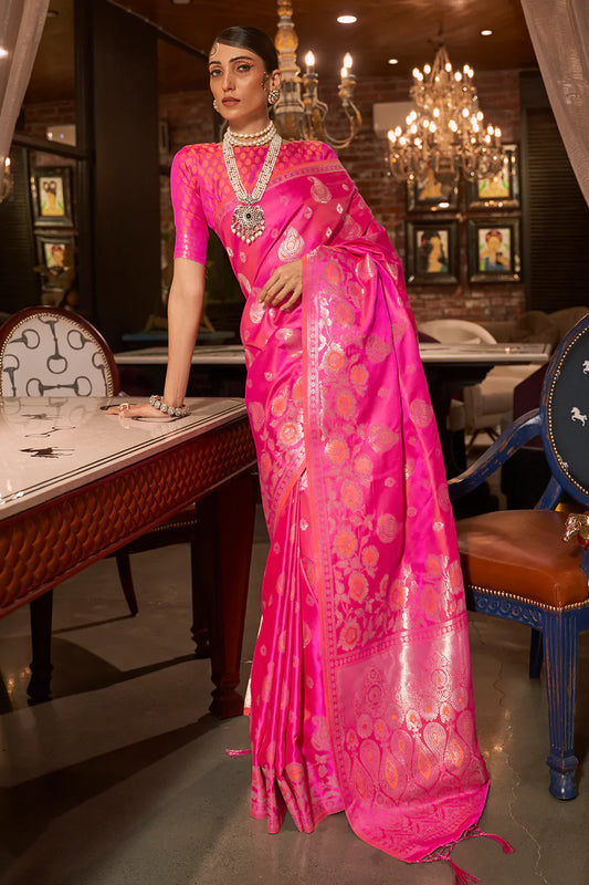 Fuscia Pink Pure Satin Handloom Weaving Saree