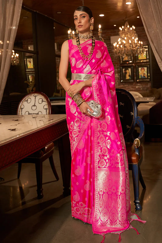 Hot Pink Pure Satin Handloom Weaving Saree