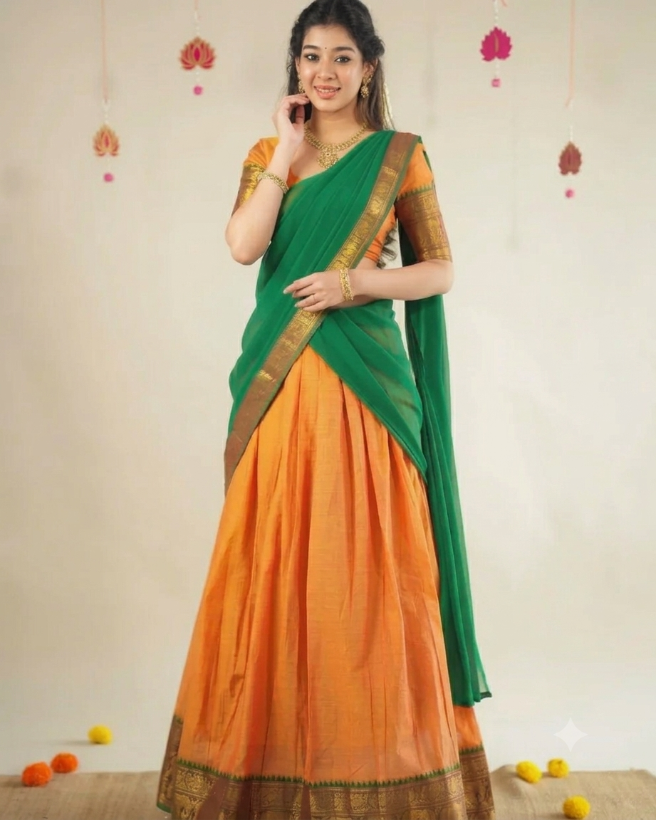 Orange & Green Kanchi Cotton Half Saree Lehenga - Traditional Zari Weaving Work with Gold Temple Border