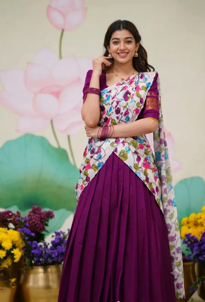 Wine Jacquard Silk Half Saree - Gold Zari Temple Border with Floral Print Dupatta