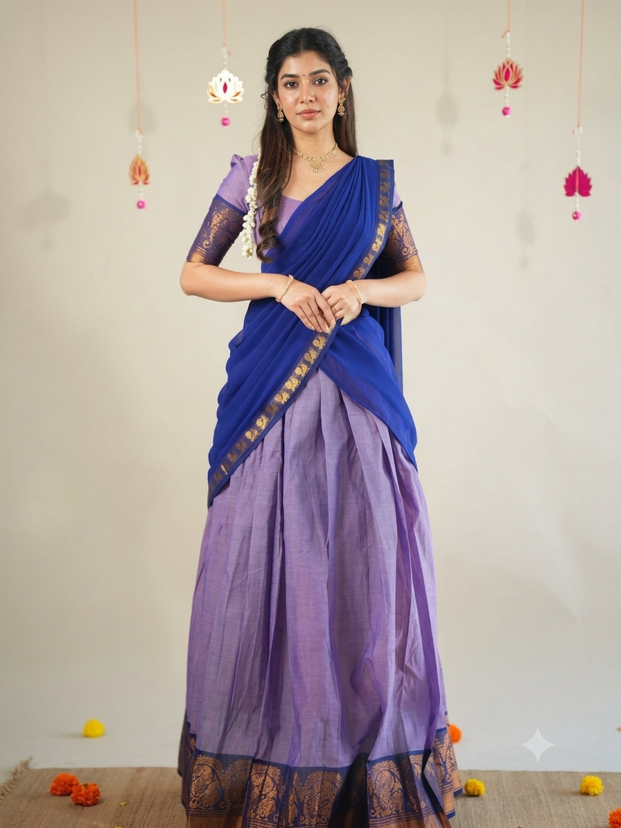 Lavender & Royal Blue Kanchi Cotton Half Saree Lehenga - Traditional Zari Weaving Work with Paisley Border