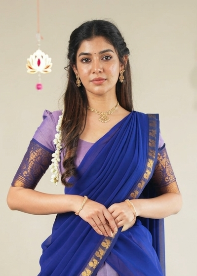 Lavender & Royal Blue Kanchi Cotton Half Saree Lehenga - Traditional Zari Weaving Work with Paisley Border