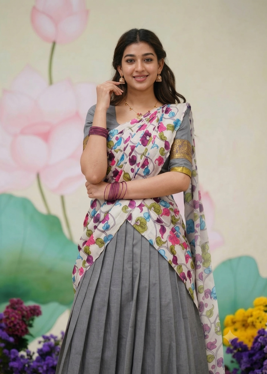 Grey Jacquard Silk Half Saree - Gold Zari Temple Border with Floral Print Dupatta