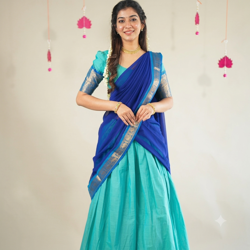 Turquoise & Royal Blue Kanchi Cotton Half Saree Lehenga - Traditional Zari Weaving Work with Temple Border