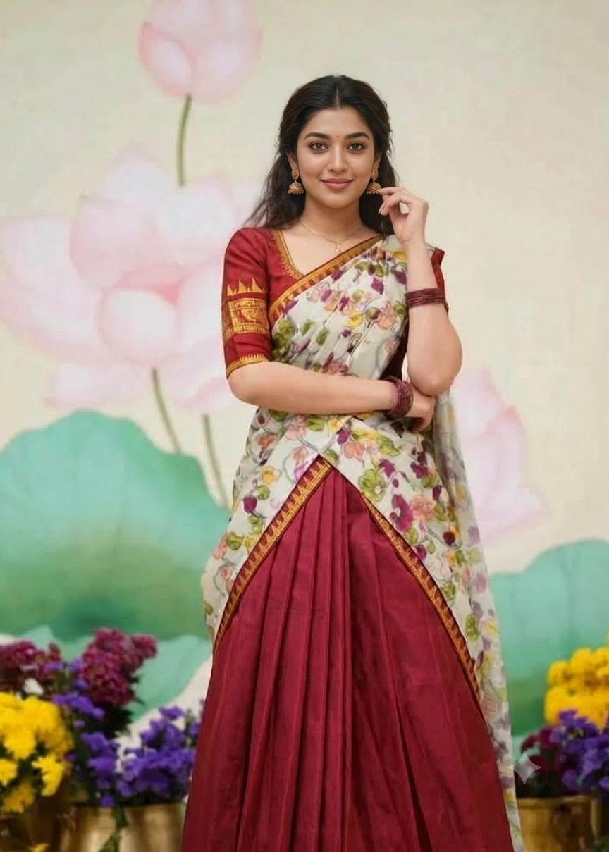 Maroon Jacquard Silk Half Saree - Gold Zari Temple Border with Floral Print Dupatta