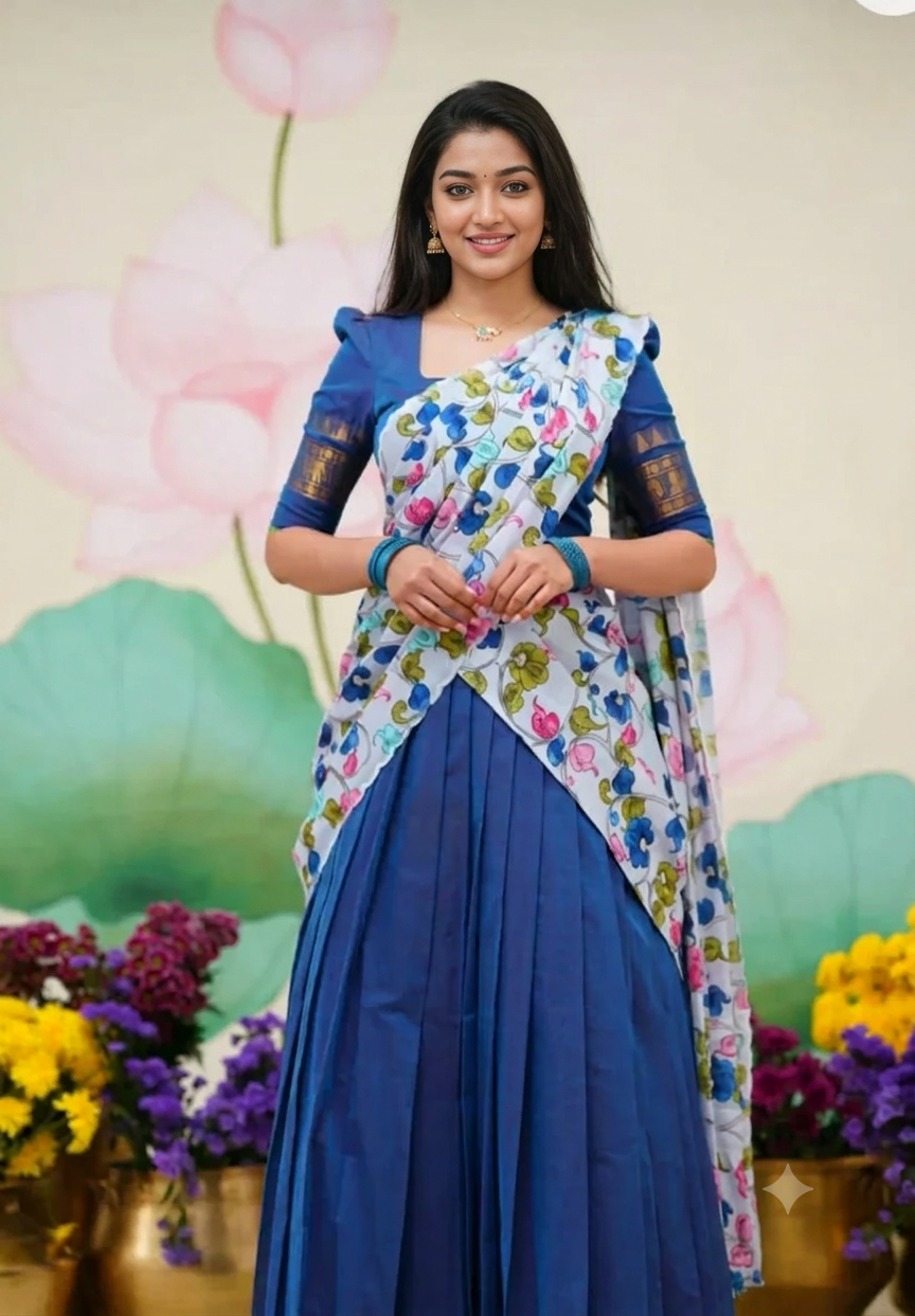 Blue Jacquard Silk Half Saree - Gold Zari Temple Border with Floral Print Dupatta