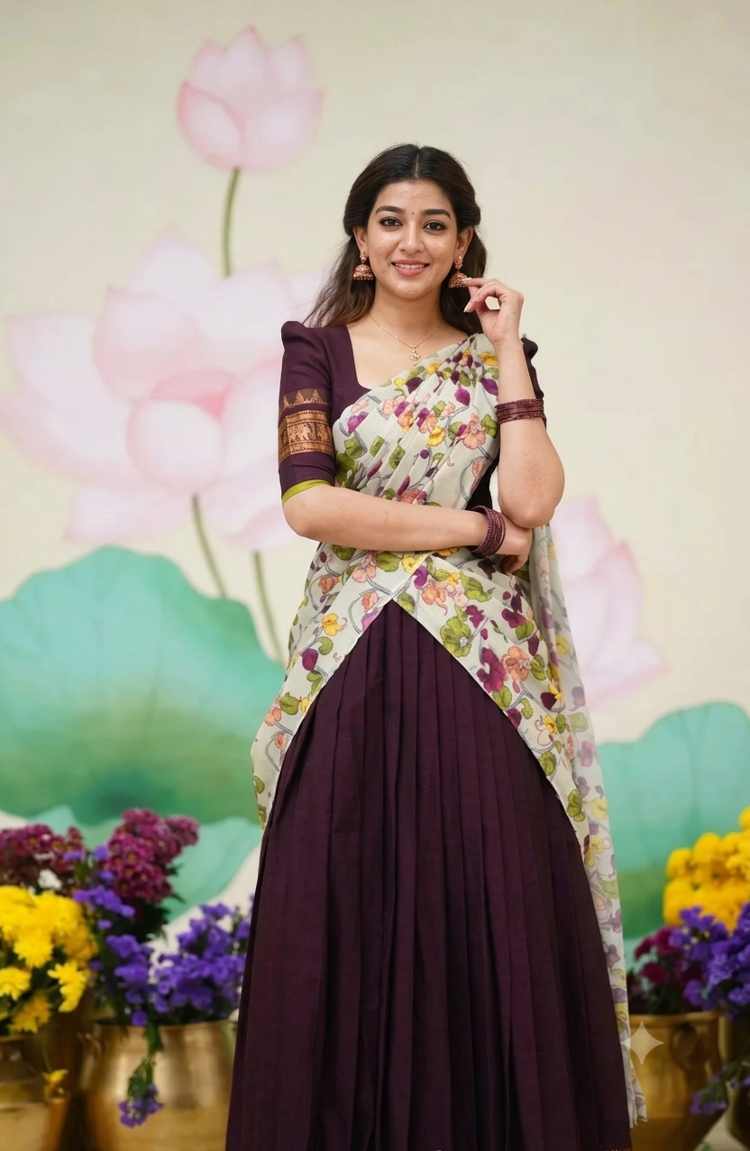Brown Jacquard Silk Half Saree - Gold Zari Temple Border with Floral Print Dupatta