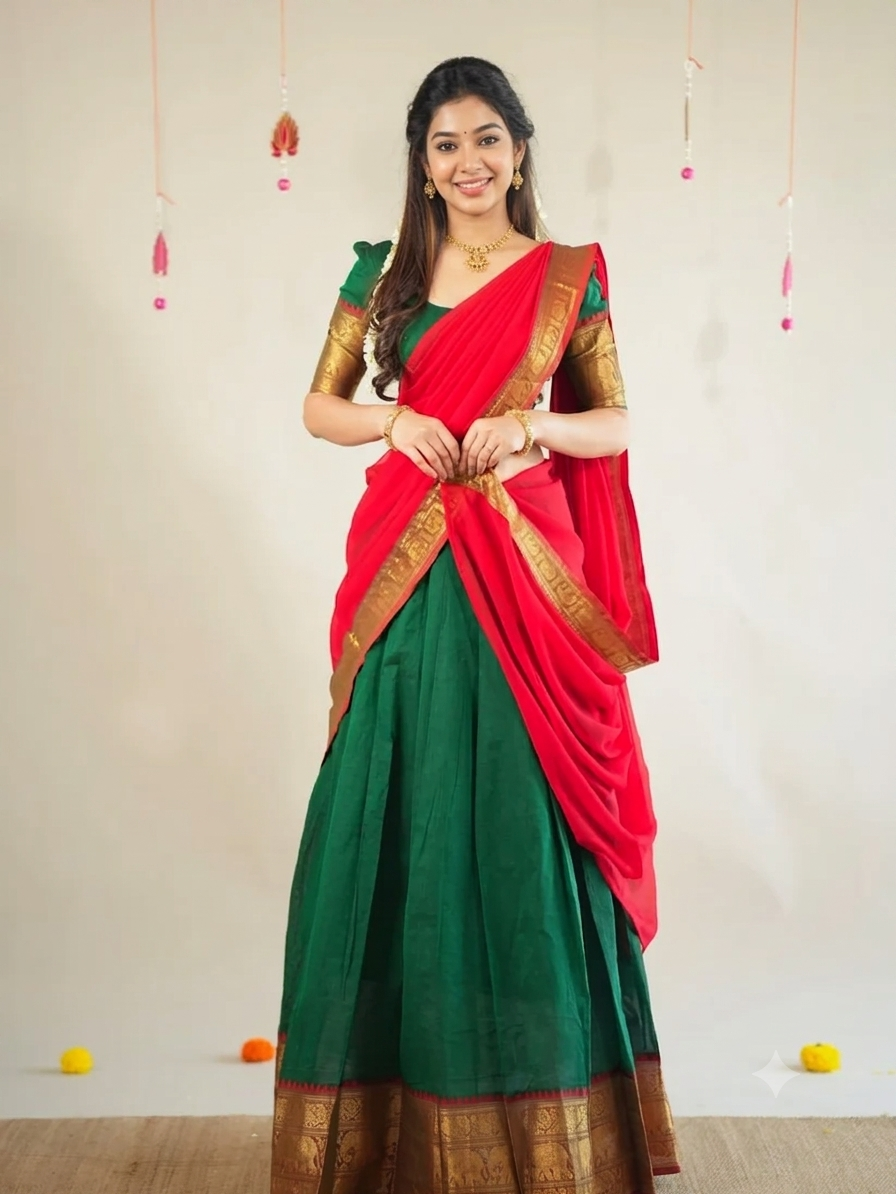Green & Red Kanchi Cotton Half Saree Lehenga - Traditional Zari Weaving Work with Gold Temple Border