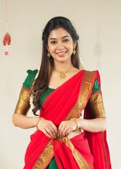Green & Red Kanchi Cotton Half Saree Lehenga - Traditional Zari Weaving Work with Gold Temple Border